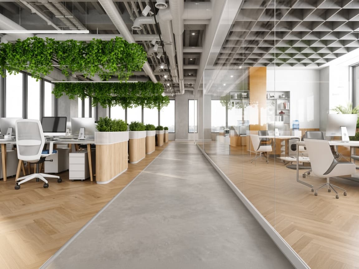 Bright modern open-plan office workspace with biophilic design